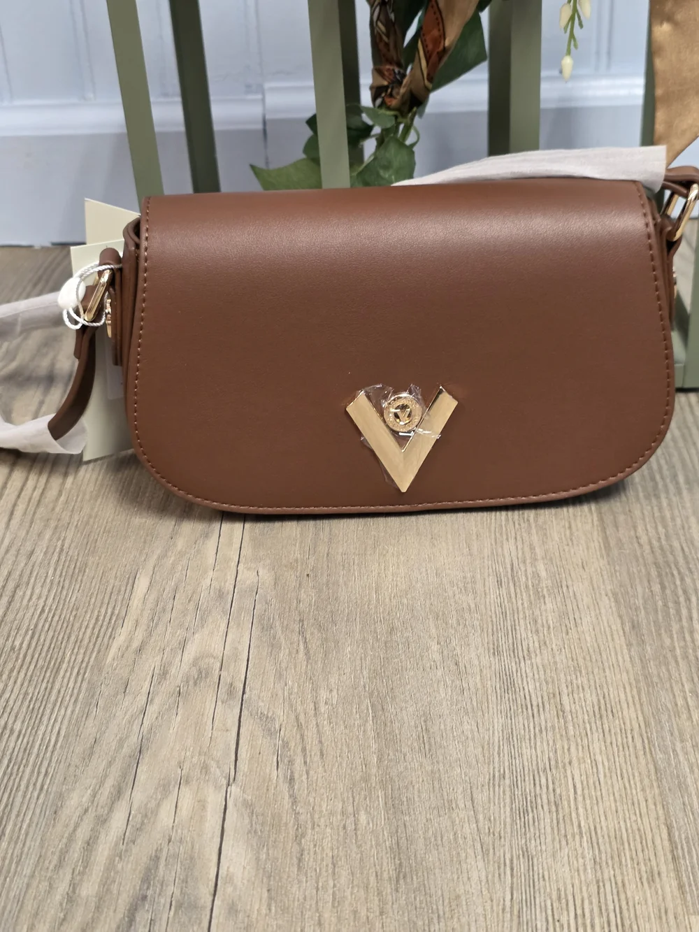 Valentino Orlandi Brown Shoulder Bag with Gold V Accent